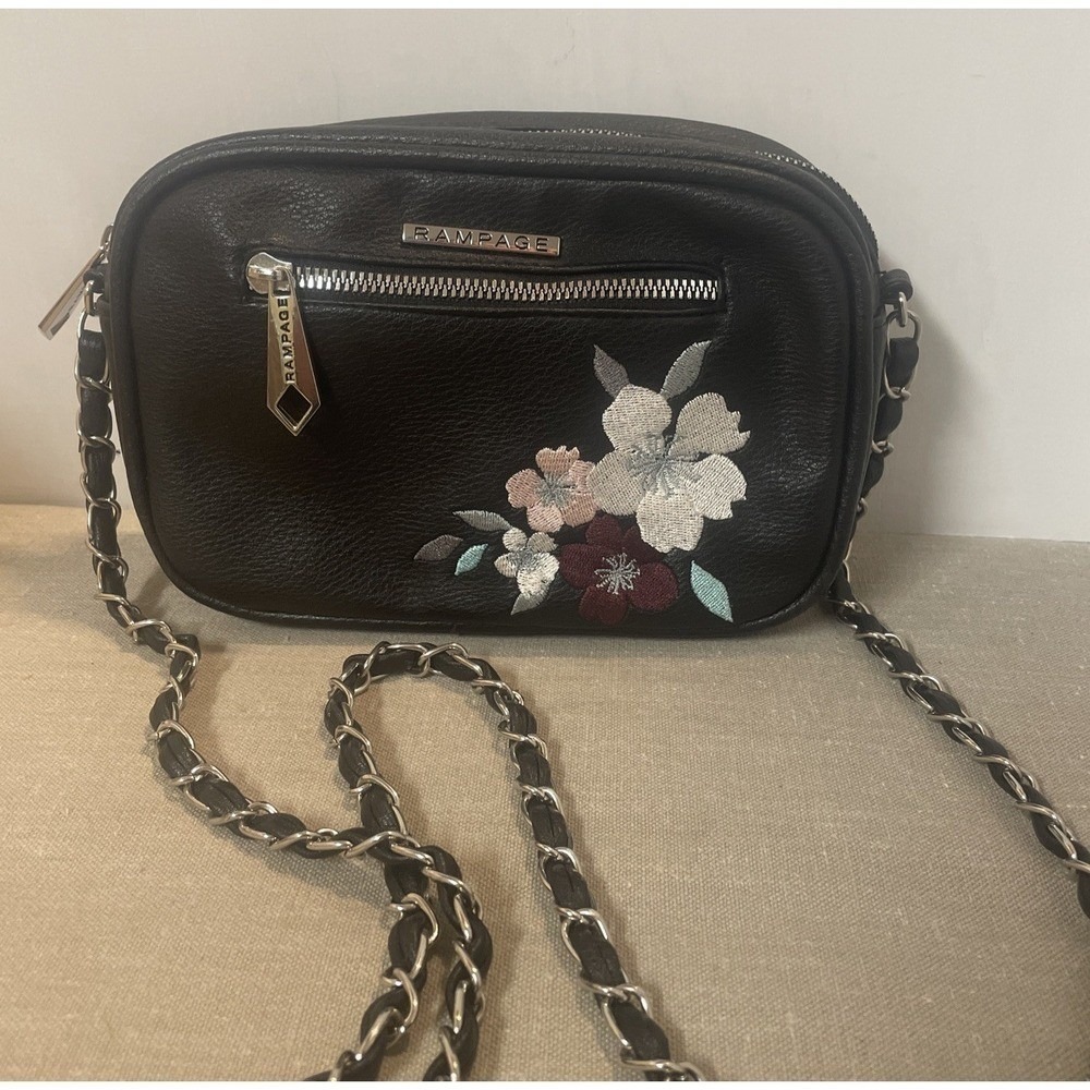 Rampage Black Crossbody‎ Bag  floral Embroidered Chain strap Zip close